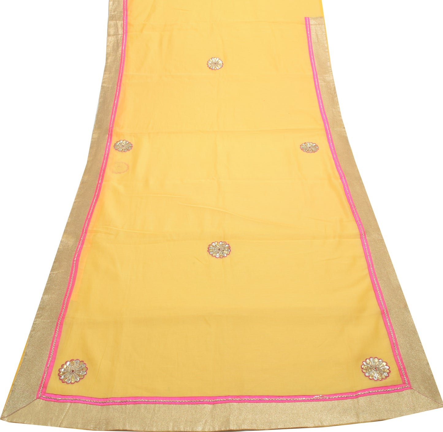 Sushila Vintage Yellow Saree Art Silk Supernet Floral Applique Work Sari Fabric
