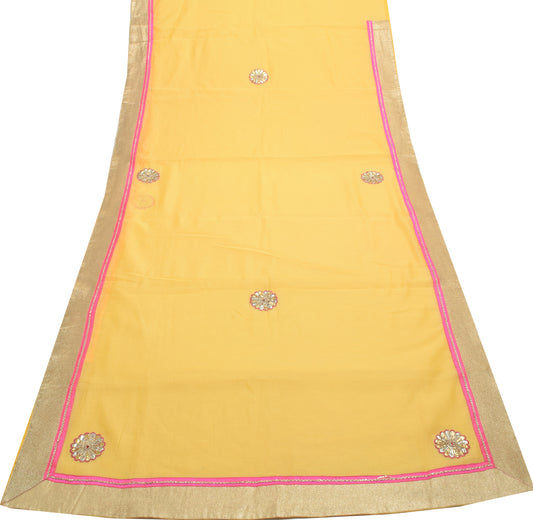 Sushila Vintage Yellow Saree Art Silk Supernet Floral Applique Work Sari Fabric