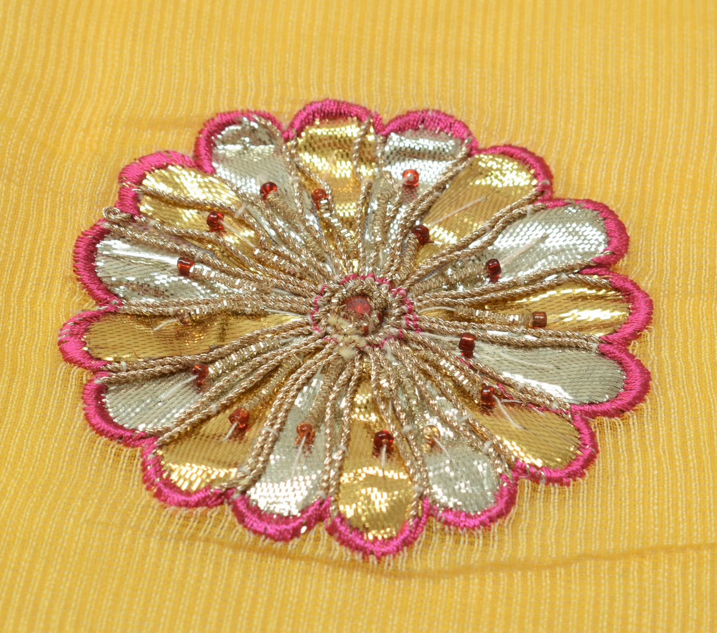 Sushila Vintage Yellow Saree Art Silk Supernet Floral Applique Work Sari Fabric