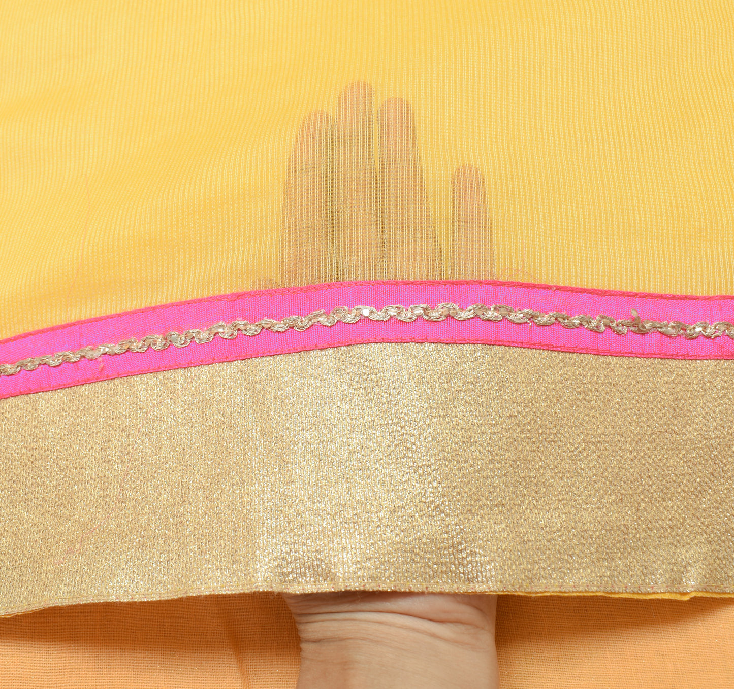 Sushila Vintage Yellow Saree Art Silk Supernet Floral Applique Work Sari Fabric
