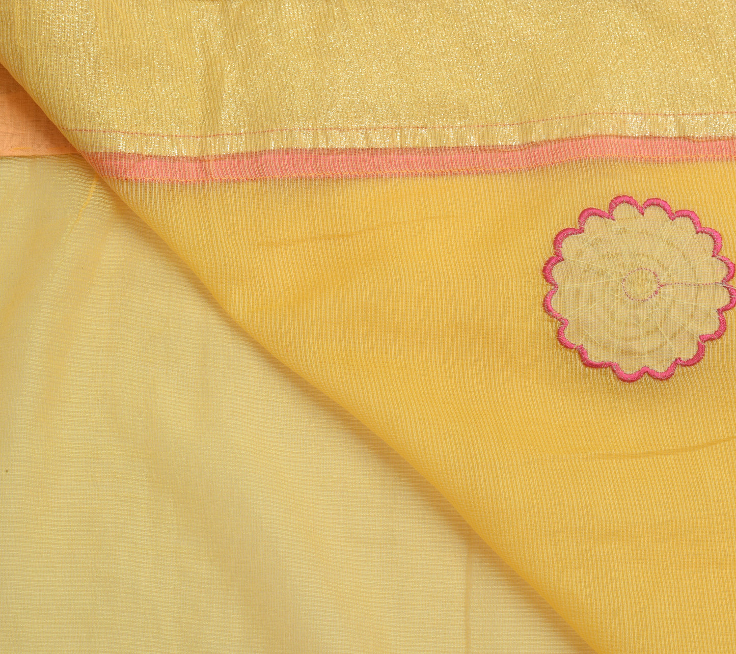 Sushila Vintage Yellow Saree Art Silk Supernet Floral Applique Work Sari Fabric