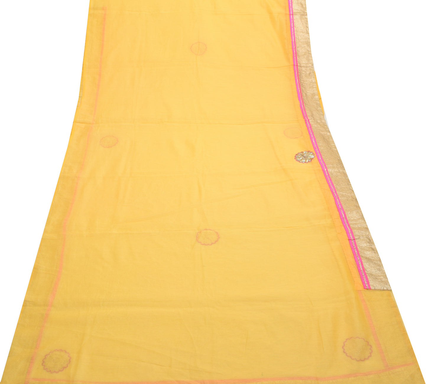Sushila Vintage Yellow Saree Art Silk Supernet Floral Applique Work Sari Fabric
