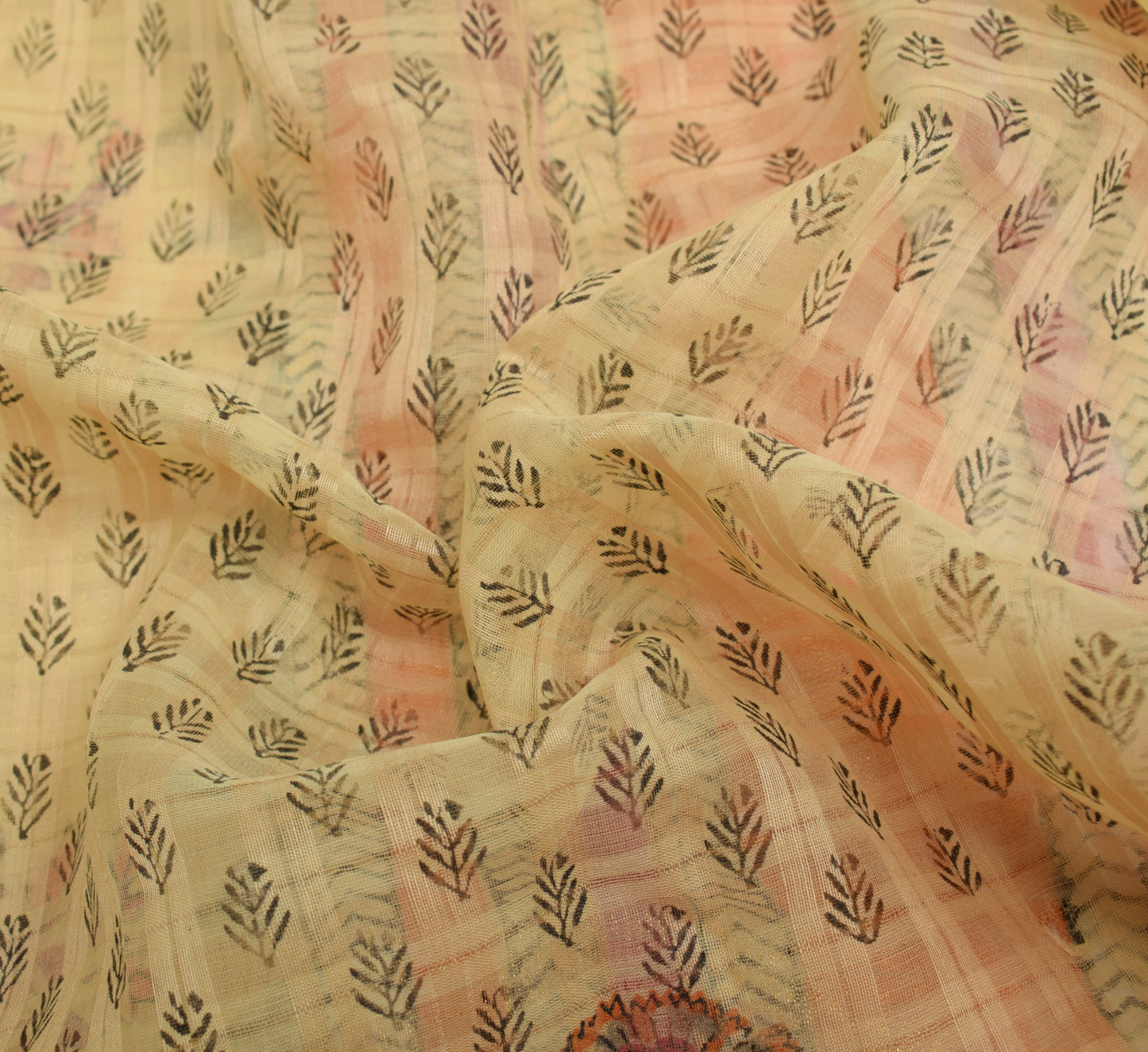Sushila Vintage Cream Saree Art Silk Hand Block Printed Floral Sari Craft Fabric