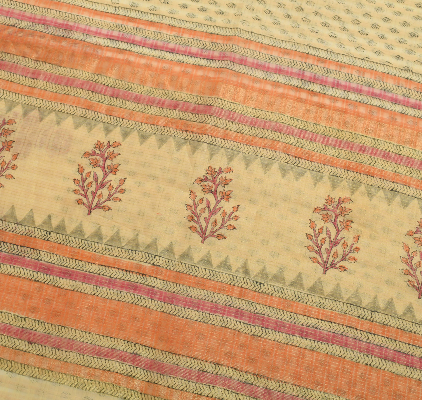 Sushila Vintage Cream Saree Art Silk Hand Block Printed Floral Sari Craft Fabric
