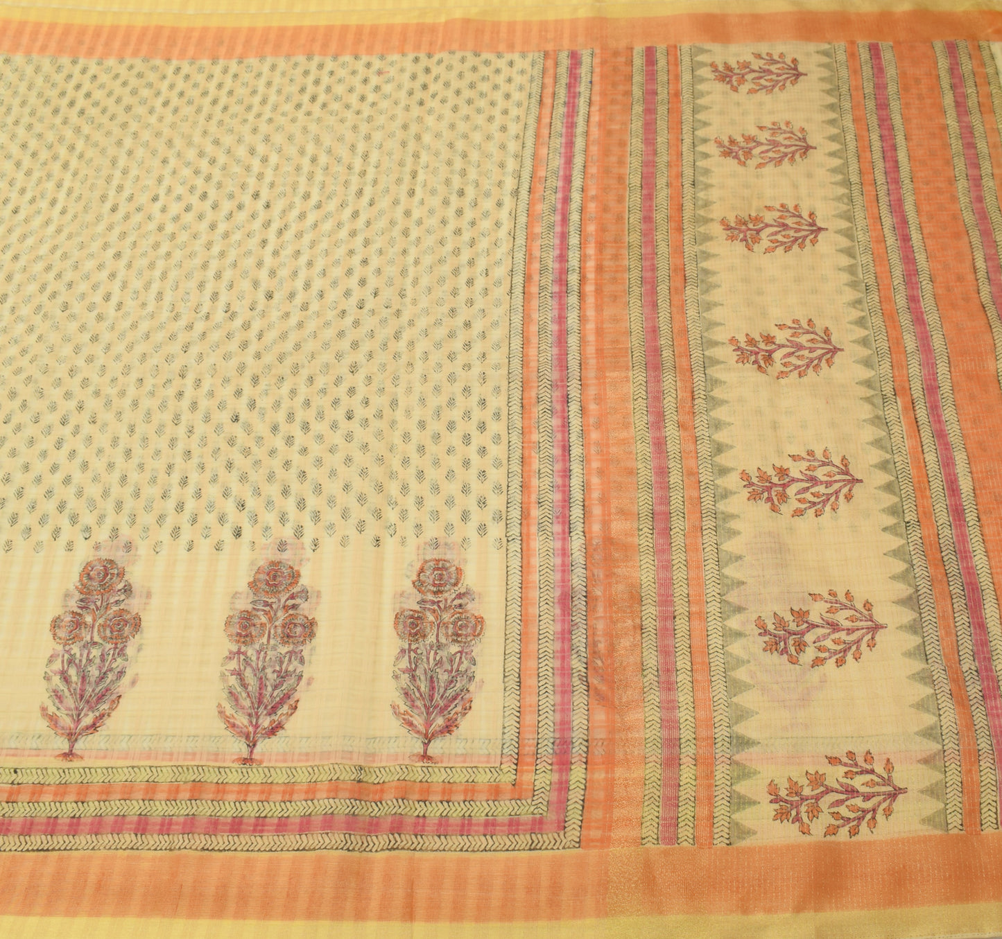 Sushila Vintage Cream Saree Art Silk Hand Block Printed Floral Sari Craft Fabric
