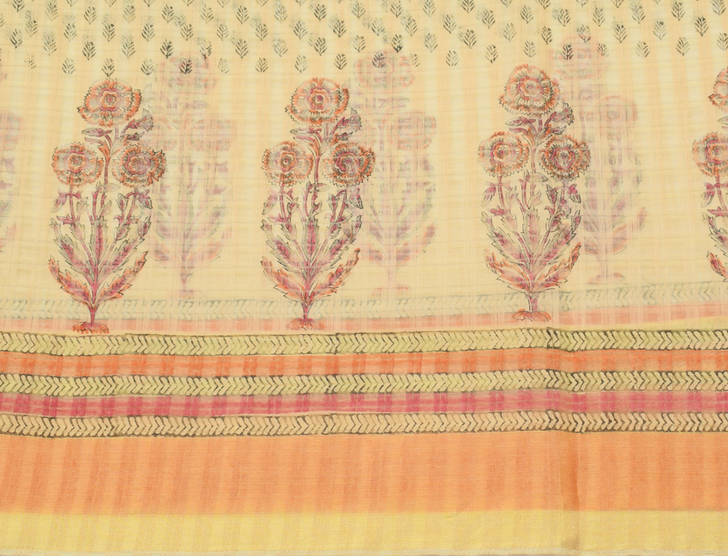 Sushila Vintage Cream Saree Art Silk Hand Block Printed Floral Sari Craft Fabric