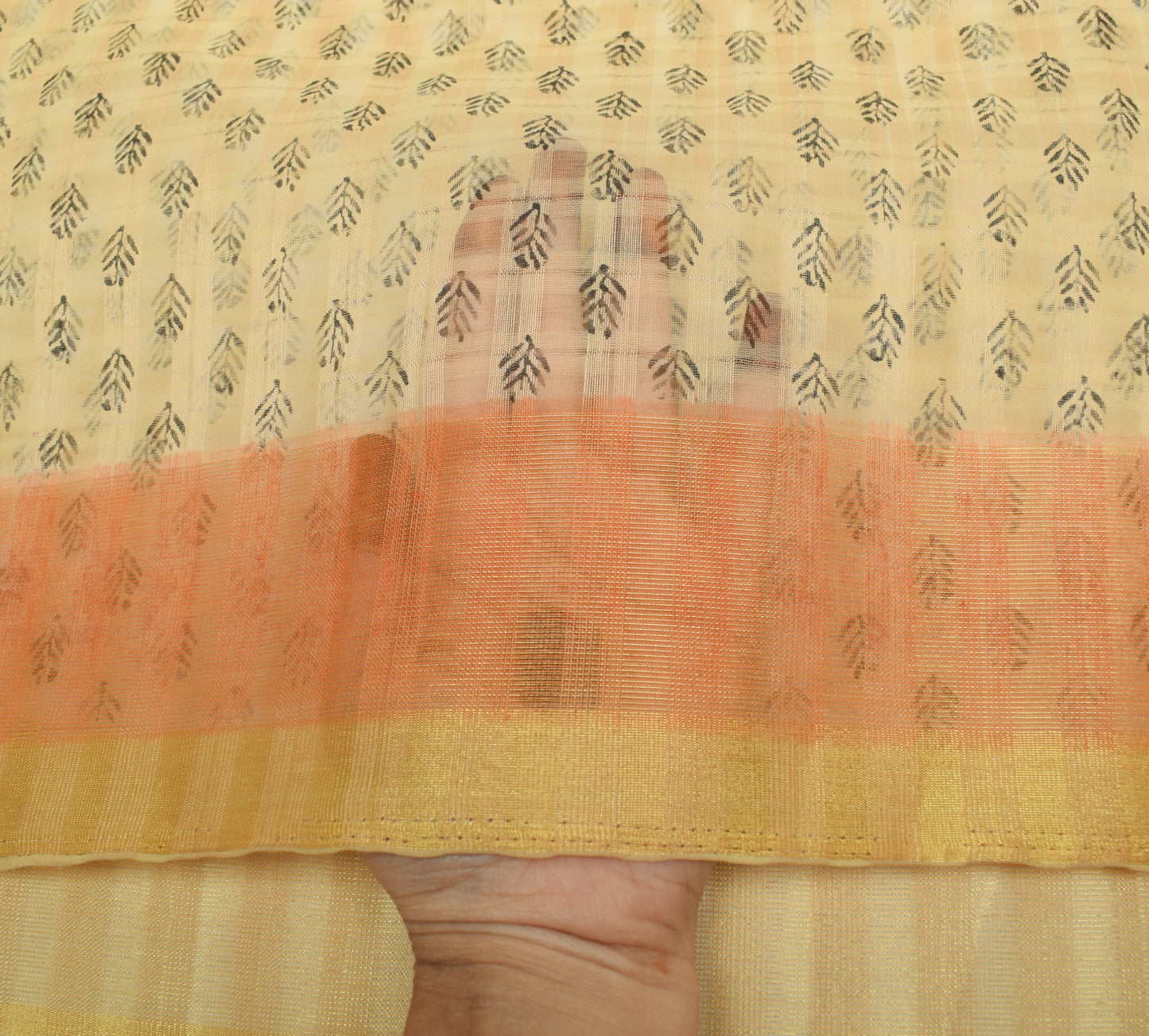 Sushila Vintage Cream Saree Art Silk Hand Block Printed Floral Sari Craft Fabric