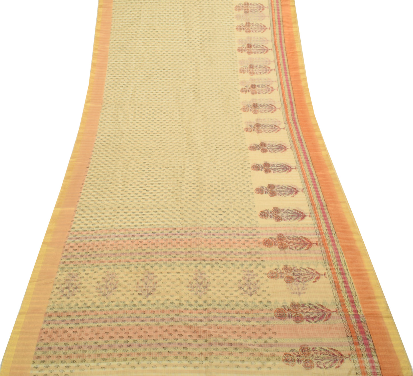 Sushila Vintage Cream Saree Art Silk Hand Block Printed Floral Sari Craft Fabric