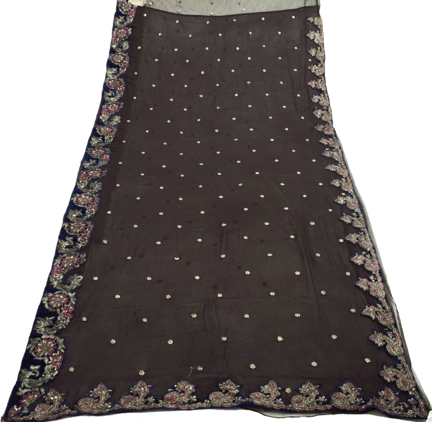 Sushila Vintage Black Saree 100% Pure Georgette Silk Hand Beaded 5YD Sari Fabric