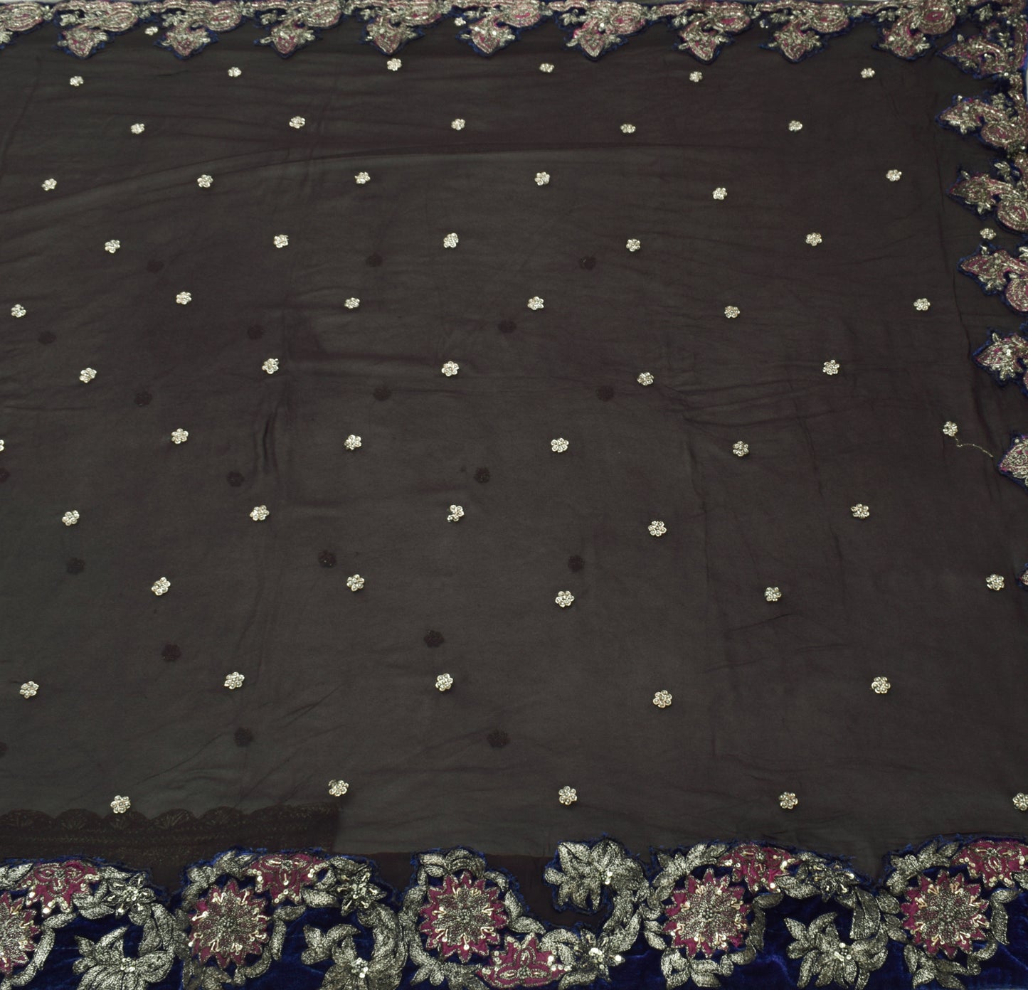 Sushila Vintage Black Saree 100% Pure Georgette Silk Hand Beaded 5YD Sari Fabric