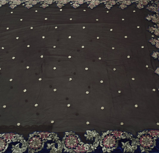 Sushila Vintage Black Saree 100% Pure Georgette Silk Hand Beaded 5YD Sari Fabric