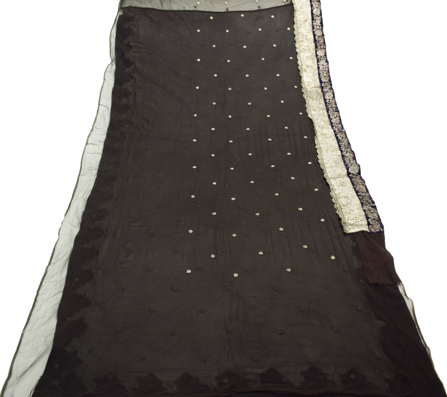 Sushila Vintage Black Saree 100% Pure Georgette Silk Hand Beaded 5YD Sari Fabric