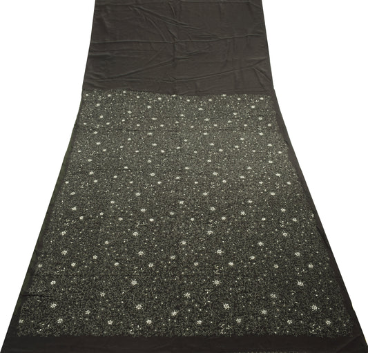 Sushila Vintage Black Saree 100% Pure Crepe Silk Embroidered Floral Sari Fabric