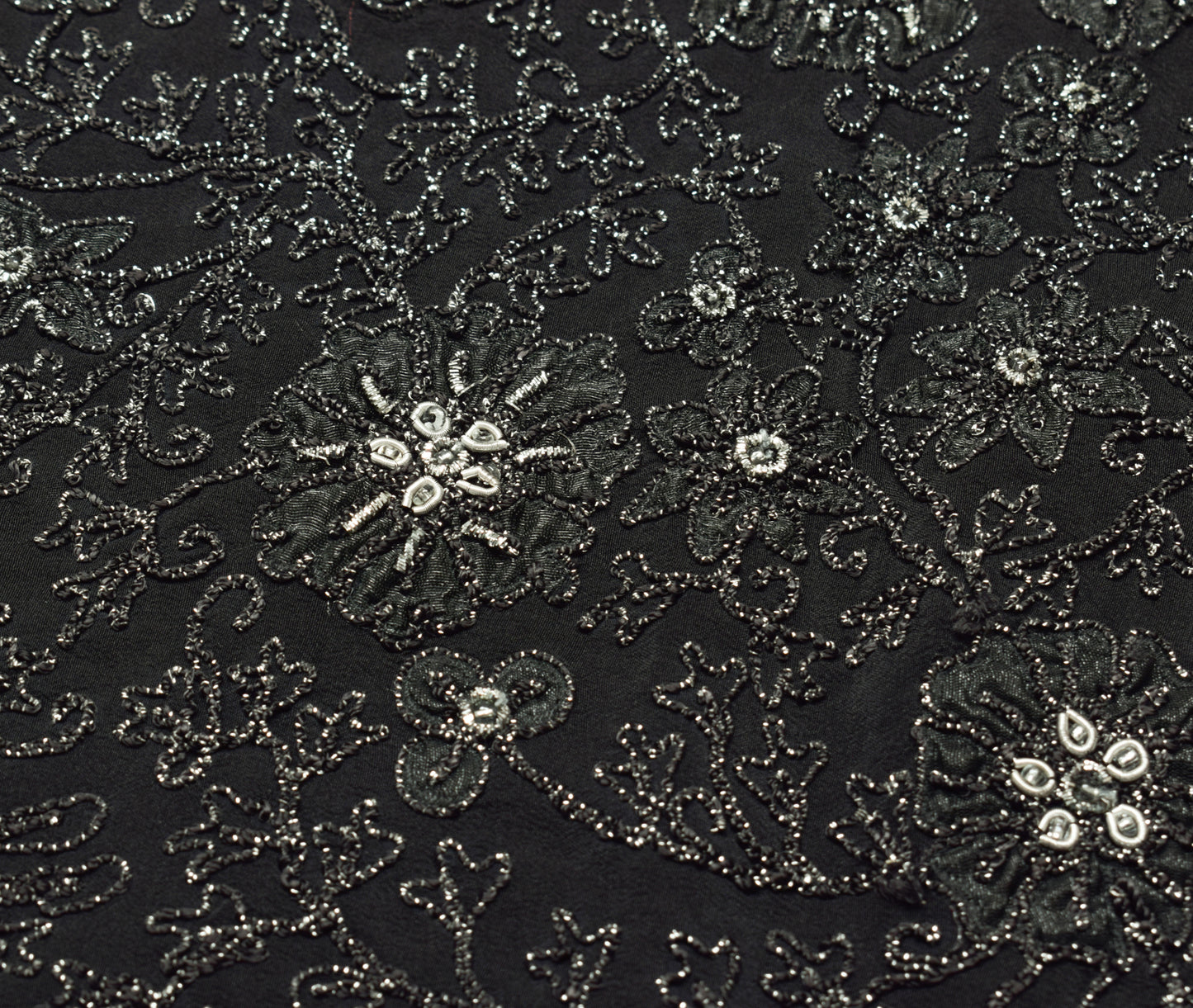 Sushila Vintage Black Saree 100% Pure Crepe Silk Embroidered Floral Sari Fabric