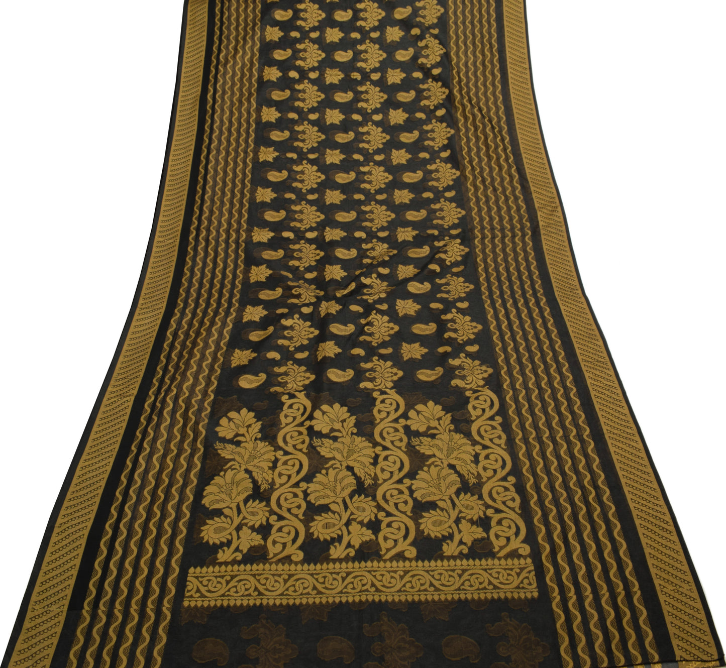 Sushila Vintage Black Saree Art Silk All Over Woven Paisley Sari Craft Fabric