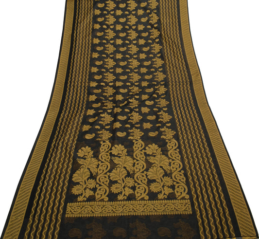 Sushila Vintage Black Saree Art Silk All Over Woven Paisley Sari Craft Fabric