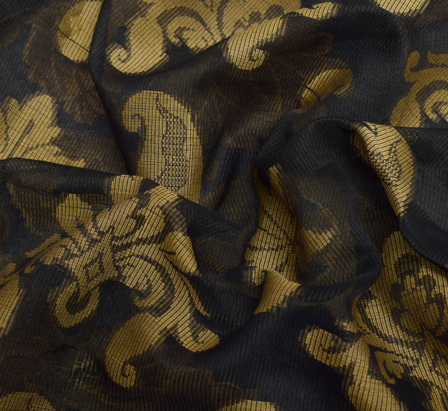 Sushila Vintage Black Saree Art Silk All Over Woven Paisley Sari Craft Fabric