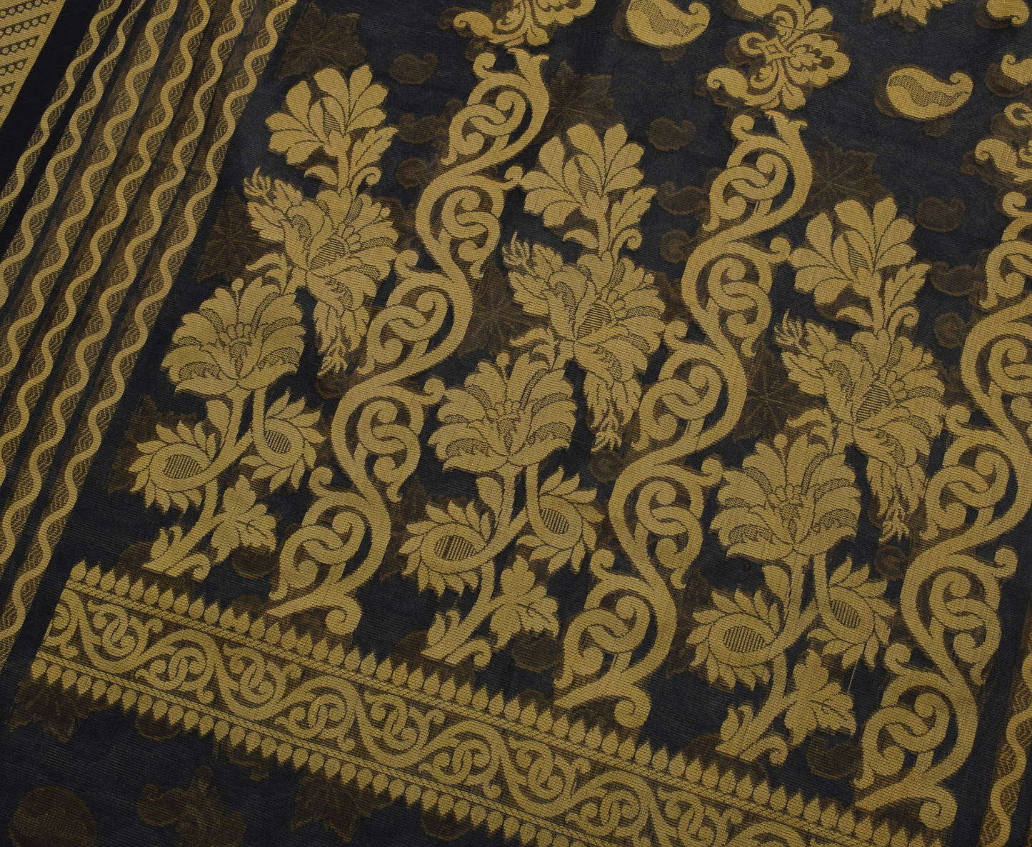 Sushila Vintage Black Saree Art Silk All Over Woven Paisley Sari Craft Fabric