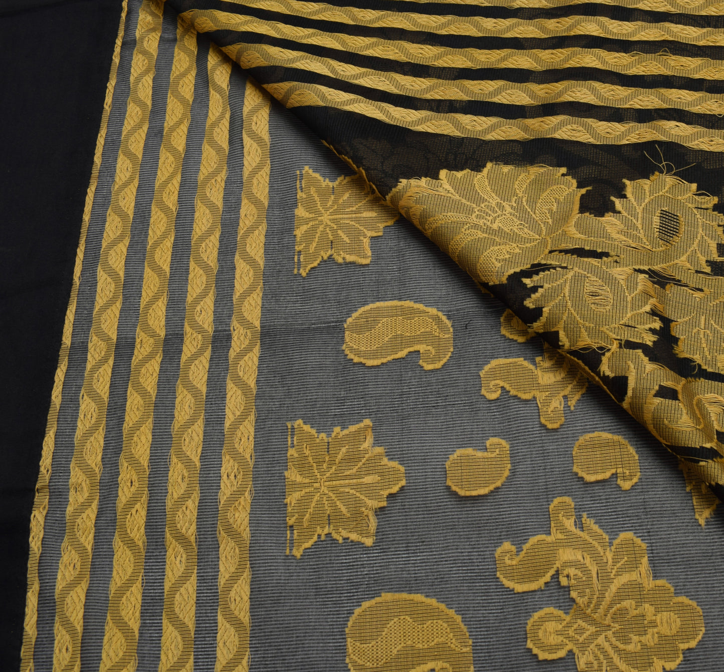Sushila Vintage Black Saree Art Silk All Over Woven Paisley Sari Craft Fabric