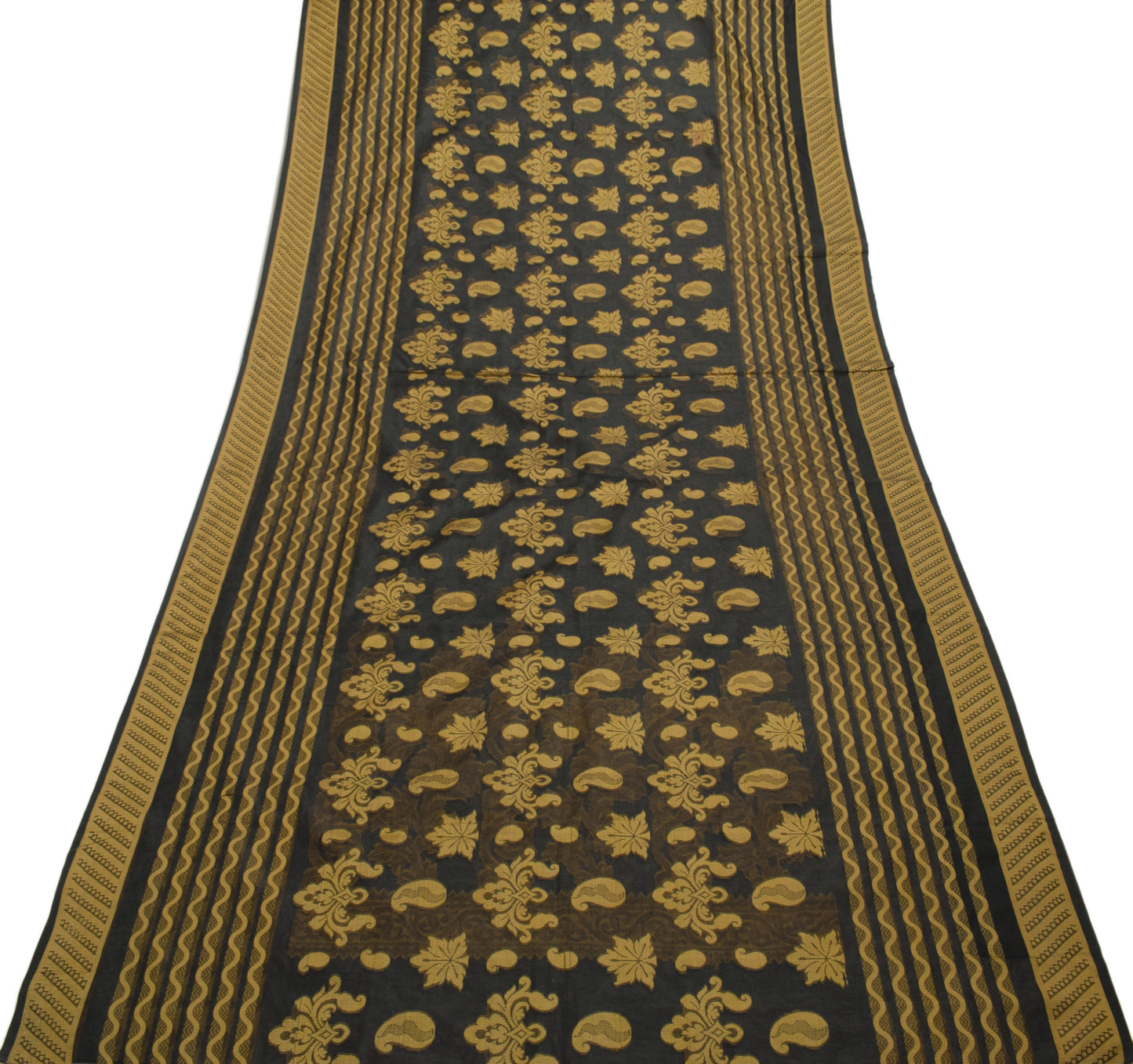 Sushila Vintage Black Saree Art Silk All Over Woven Paisley Sari Craft Fabric