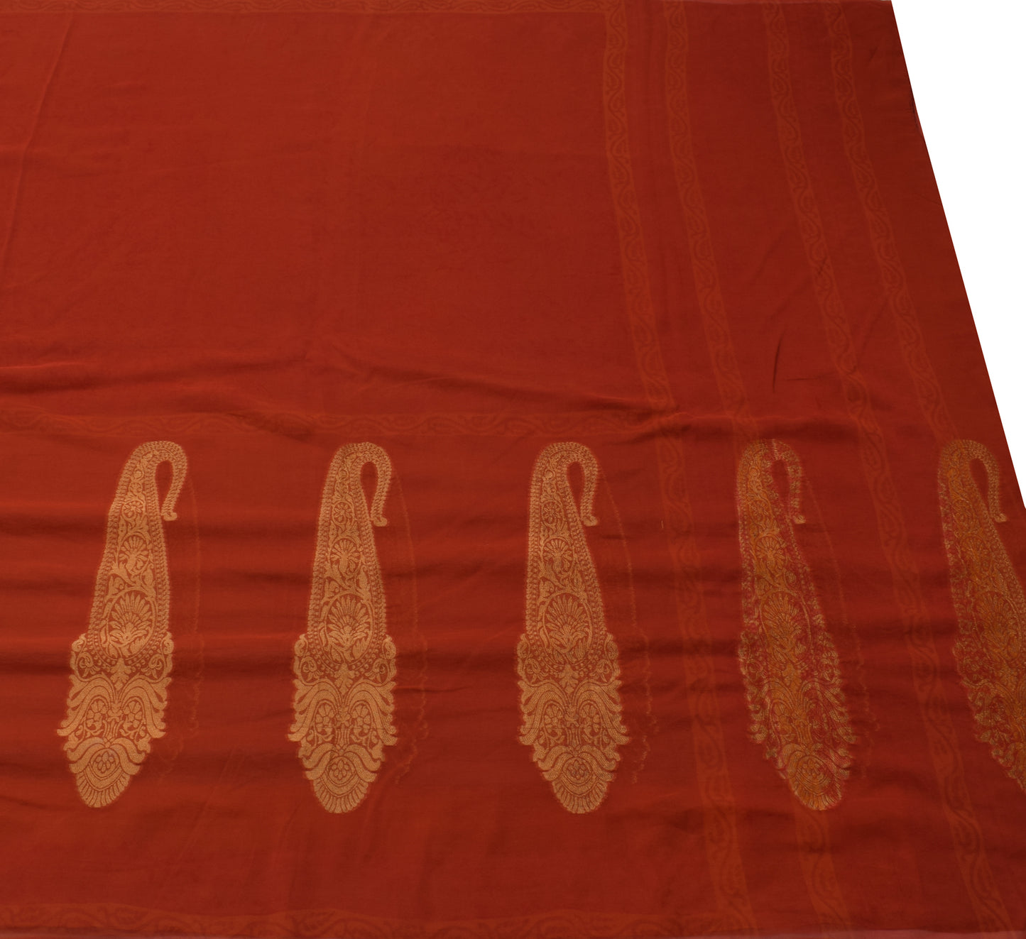 Sushila Vintage Rust Saree 100% Pure Georgette Silk Woven Paisley Sari Fabric