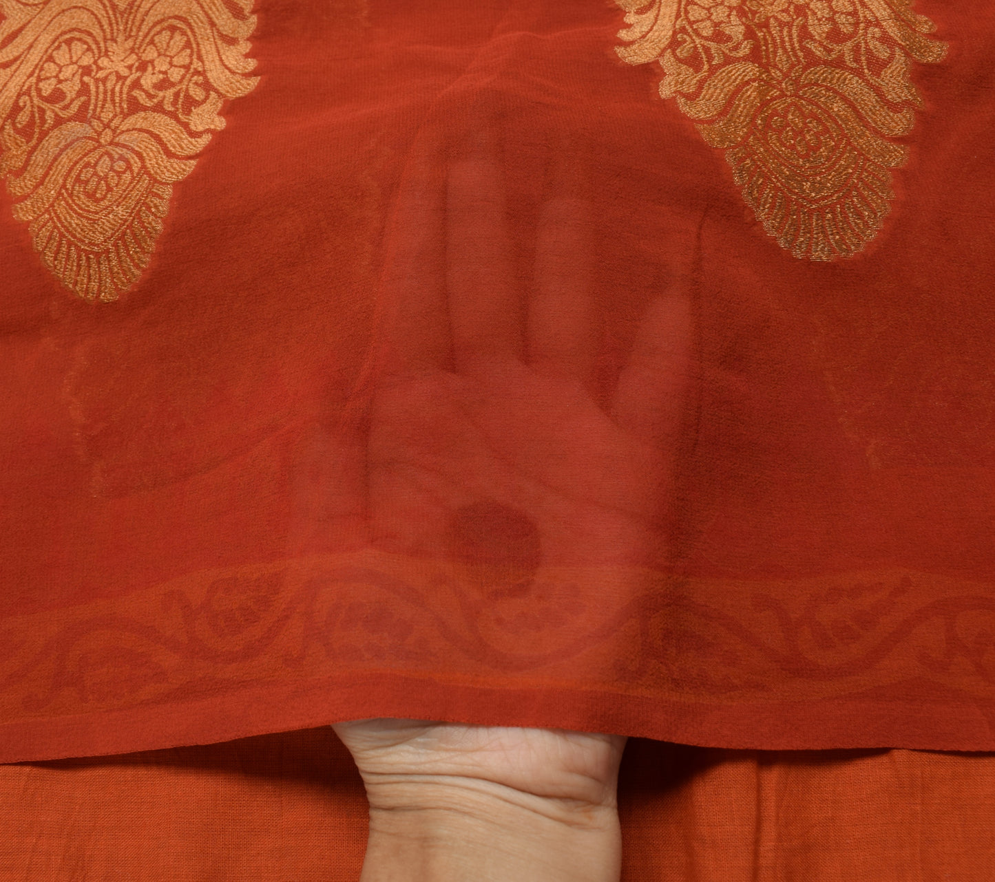 Sushila Vintage Rust Saree 100% Pure Georgette Silk Woven Paisley Sari Fabric