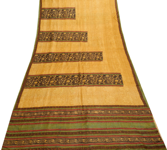 Sushila Vintage Mustard Saree 100% Pure Woolen Hand Block Printed Sari Fabric