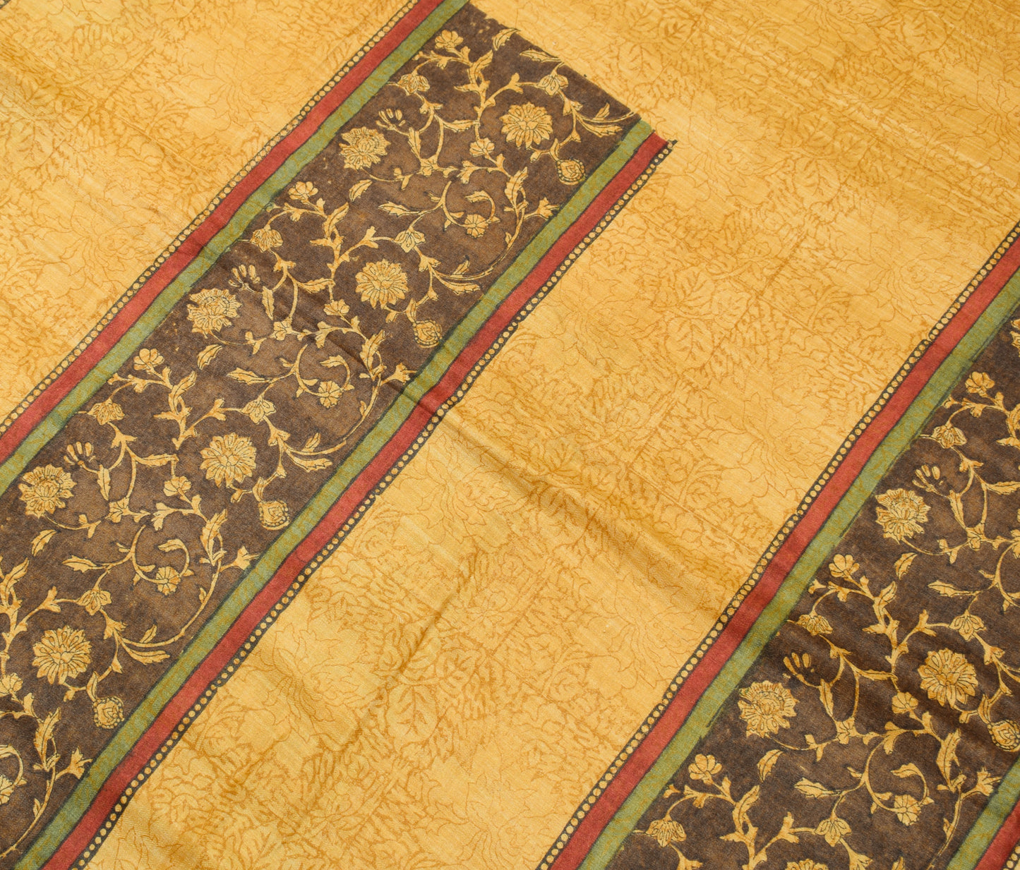 Sushila Vintage Mustard Saree 100% Pure Woolen Hand Block Printed Sari Fabric