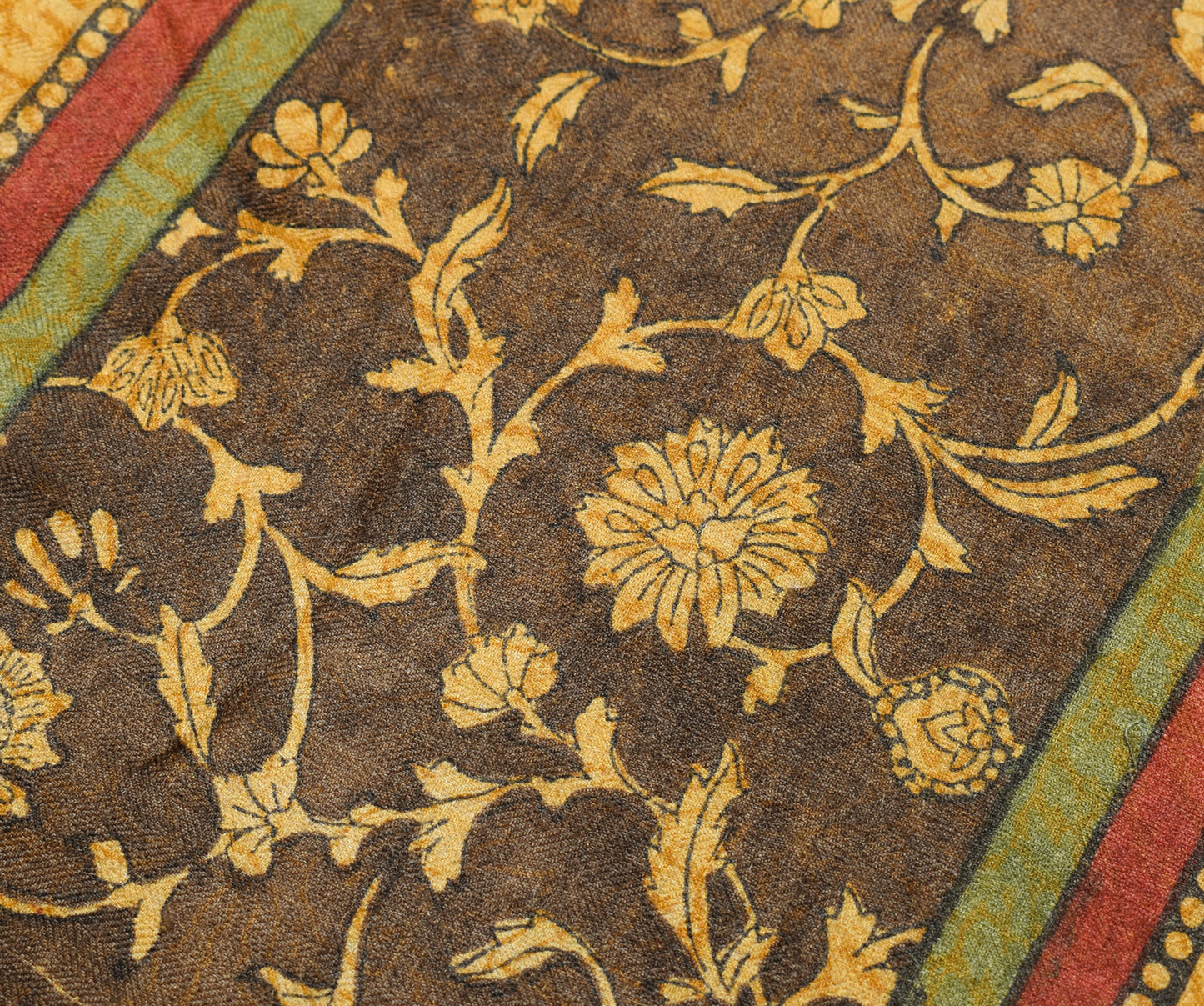 Sushila Vintage Mustard Saree 100% Pure Woolen Hand Block Printed Sari Fabric