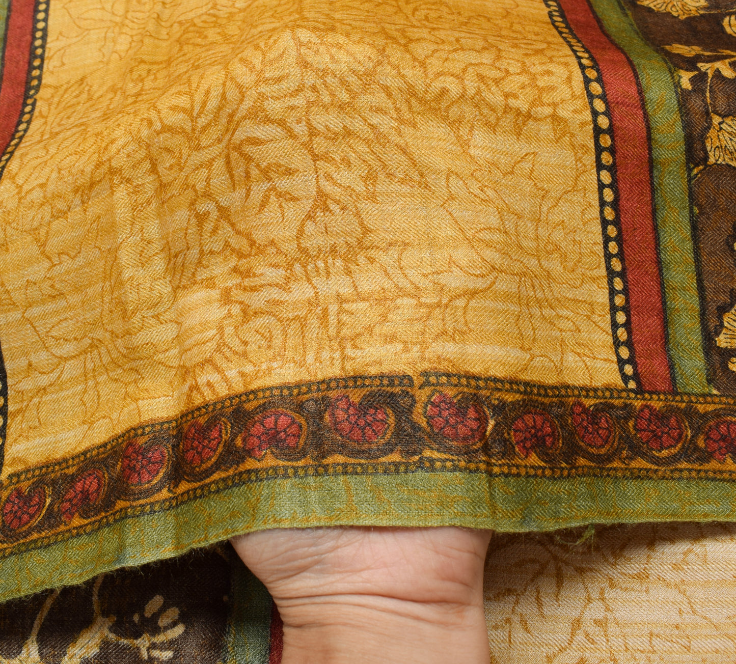 Sushila Vintage Mustard Saree 100% Pure Woolen Hand Block Printed Sari Fabric