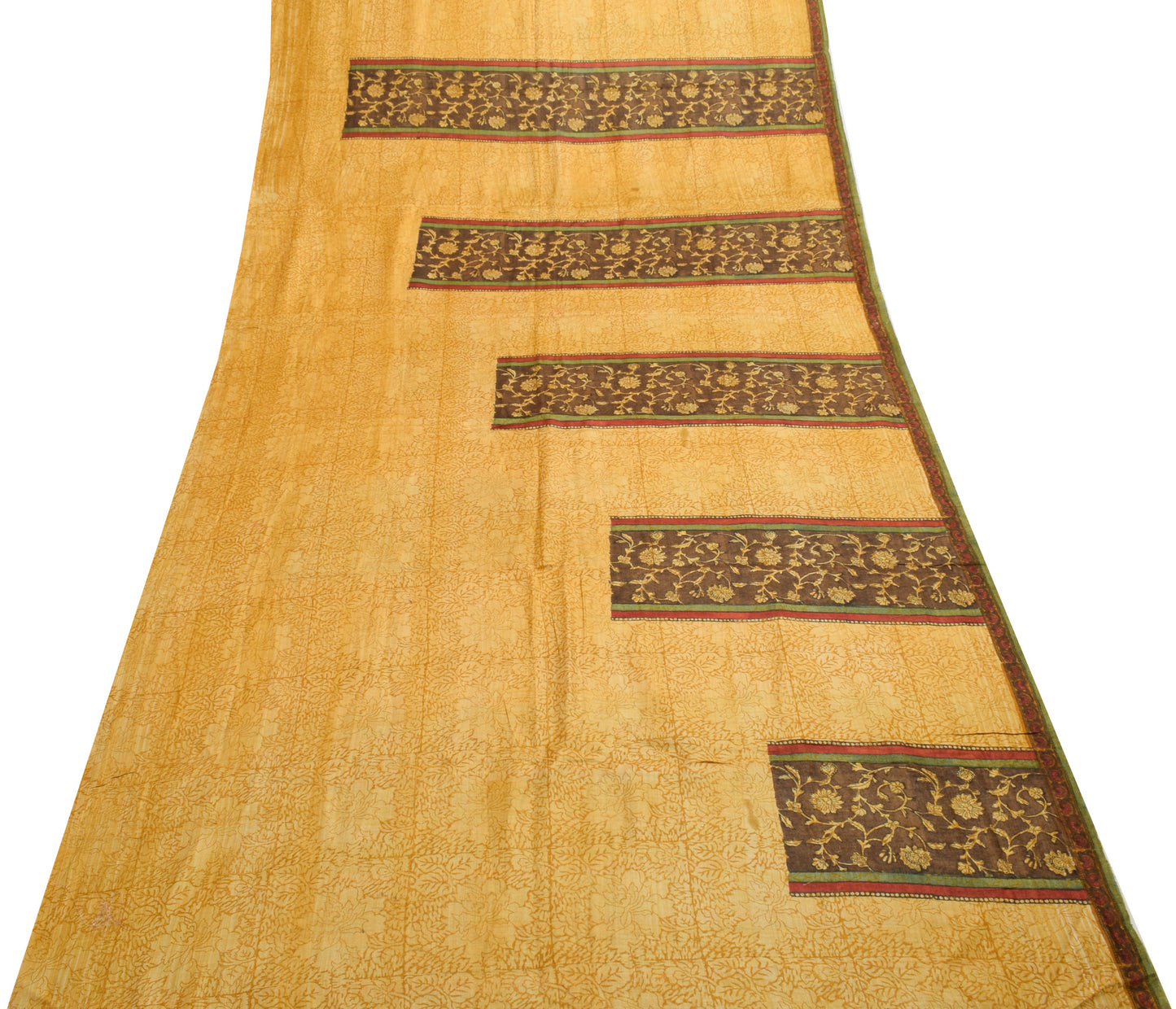 Sushila Vintage Mustard Saree 100% Pure Woolen Hand Block Printed Sari Fabric