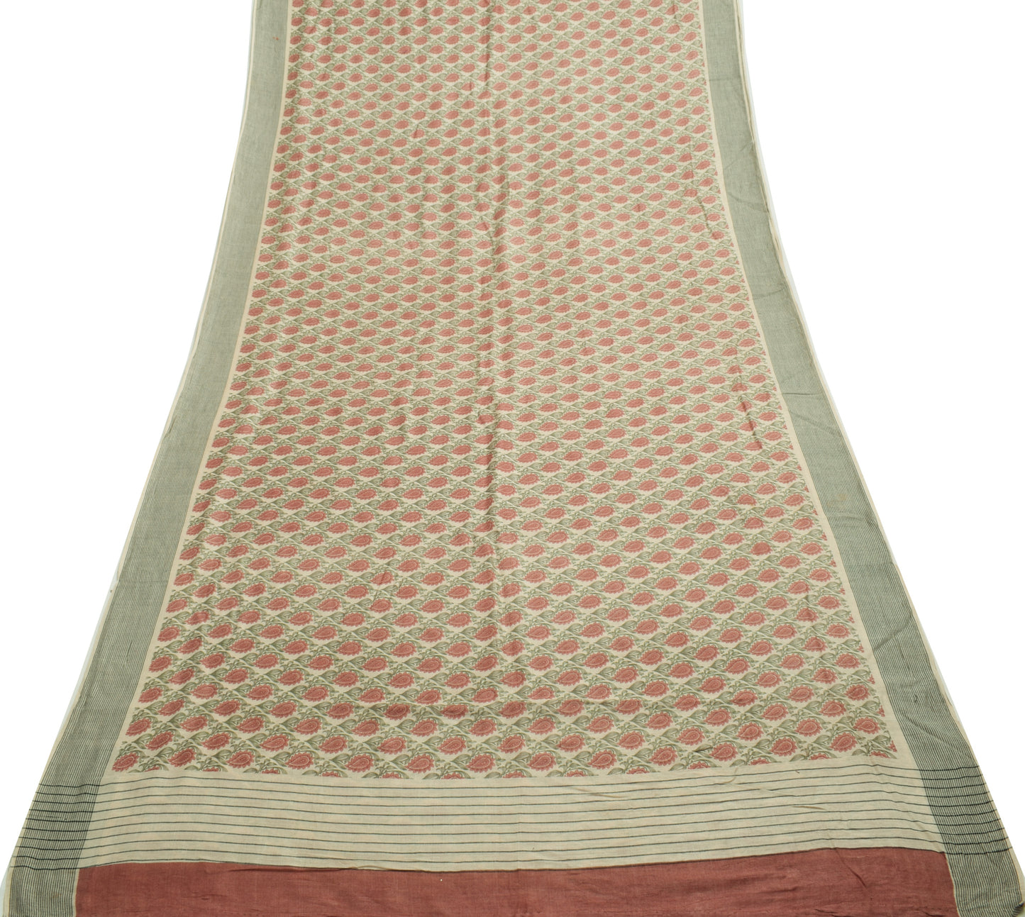 Sushila Vintage Cream Saree 100% Pure Silk Woven Paisley Soft Sari Craft Fabric