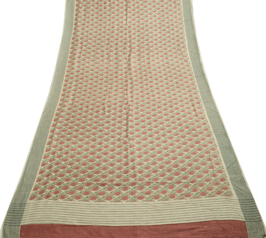 Sushila Vintage Cream Saree 100% Pure Silk Woven Paisley Soft Sari Craft Fabric