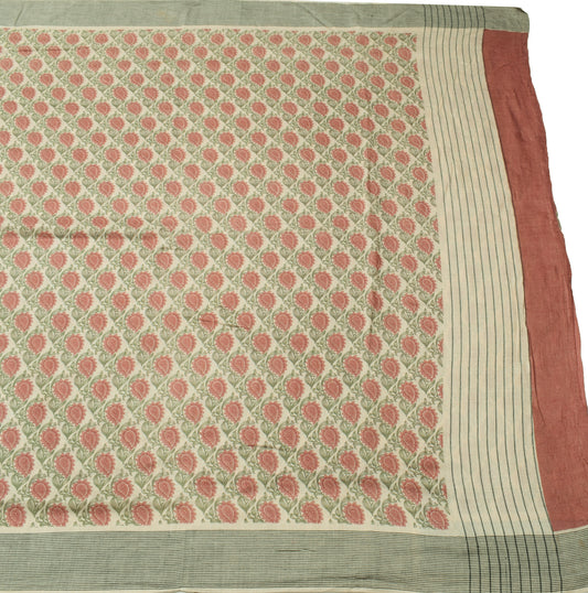 Sushila Vintage Cream Saree 100% Pure Silk Woven Paisley Soft Sari Craft Fabric