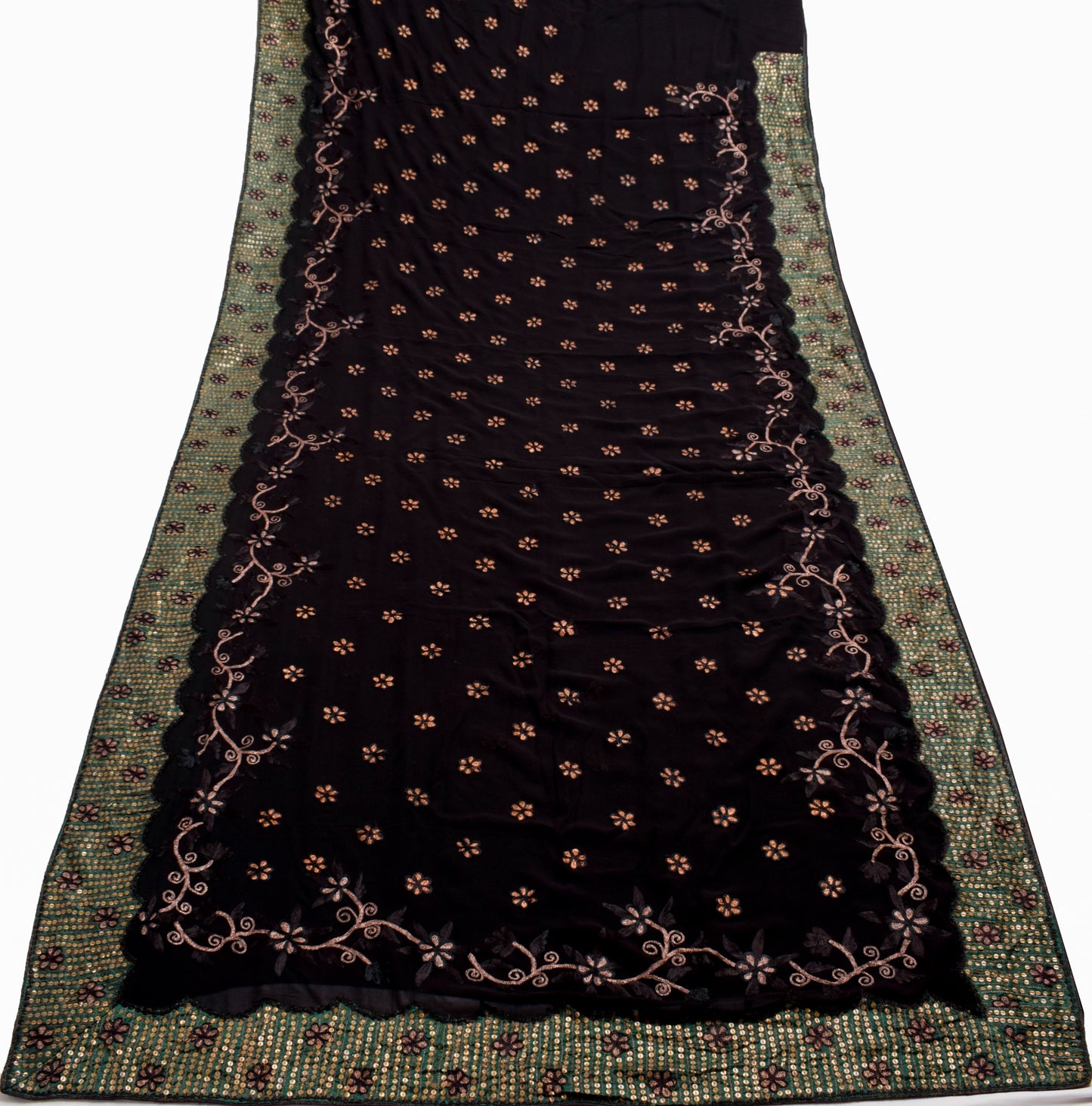 Sushila Vintage Black Saree 100%Pure Georgette Silk Embroidered 5 YD Sari Fabric