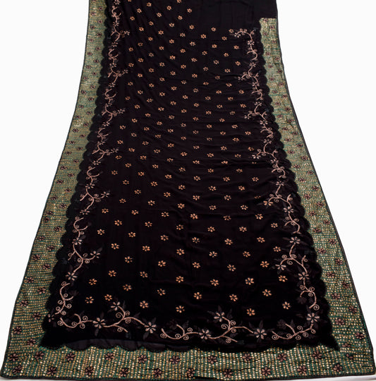 Sushila Vintage Black Saree 100%Pure Georgette Silk Embroidered 5 YD Sari Fabric