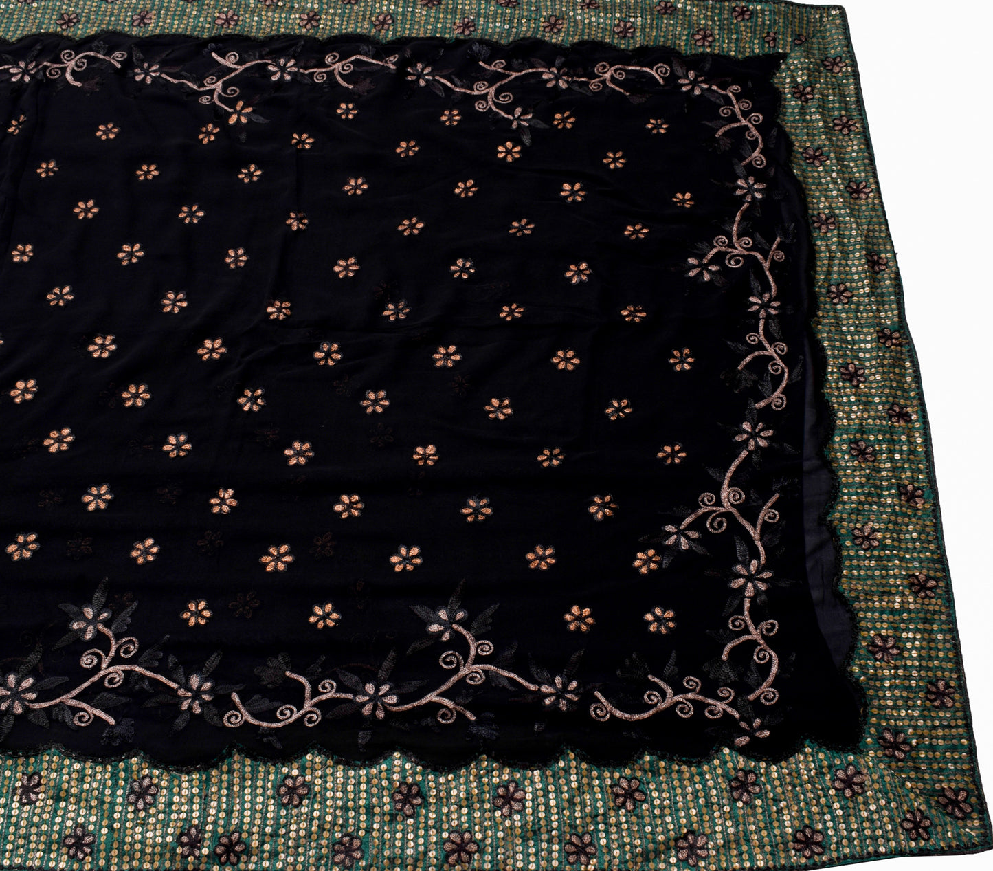 Sushila Vintage Black Saree 100%Pure Georgette Silk Embroidered 5 YD Sari Fabric