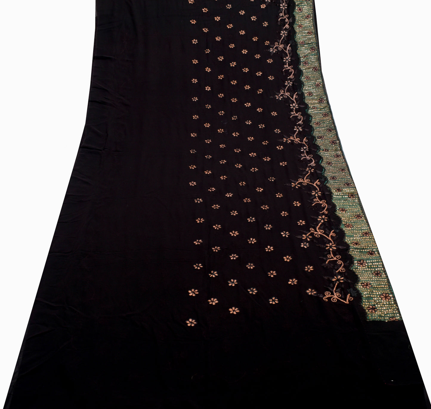 Sushila Vintage Black Saree 100%Pure Georgette Silk Embroidered 5 YD Sari Fabric