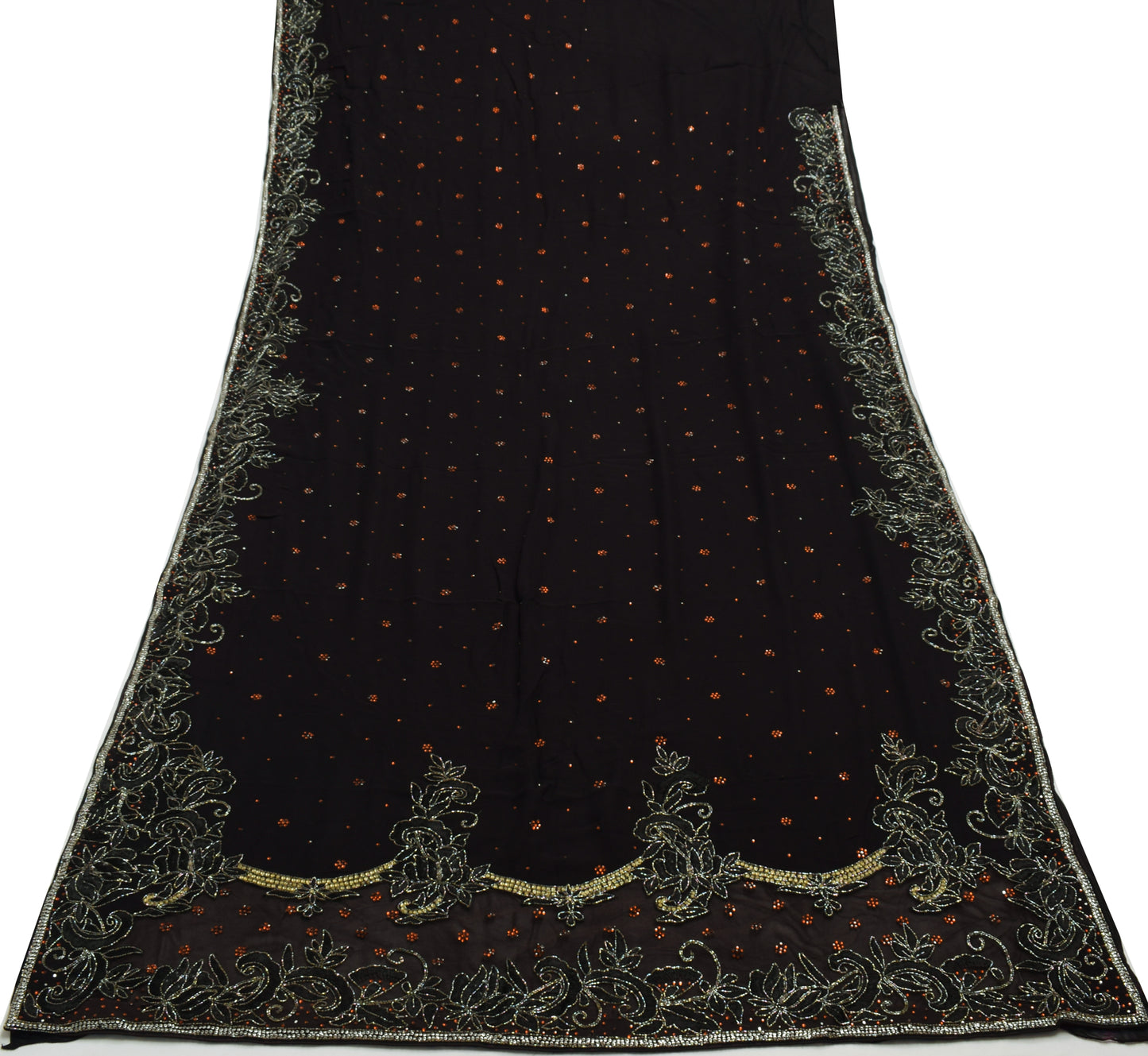 Sushila Vintage Black Saree 100% Pure Geogrette Silk Hand Beaded 5YD Sari Fabric