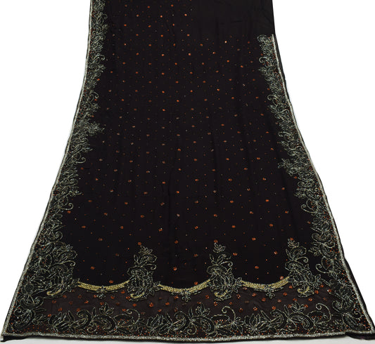 Sushila Vintage Black Saree 100% Pure Geogrette Silk Hand Beaded 5YD Sari Fabric