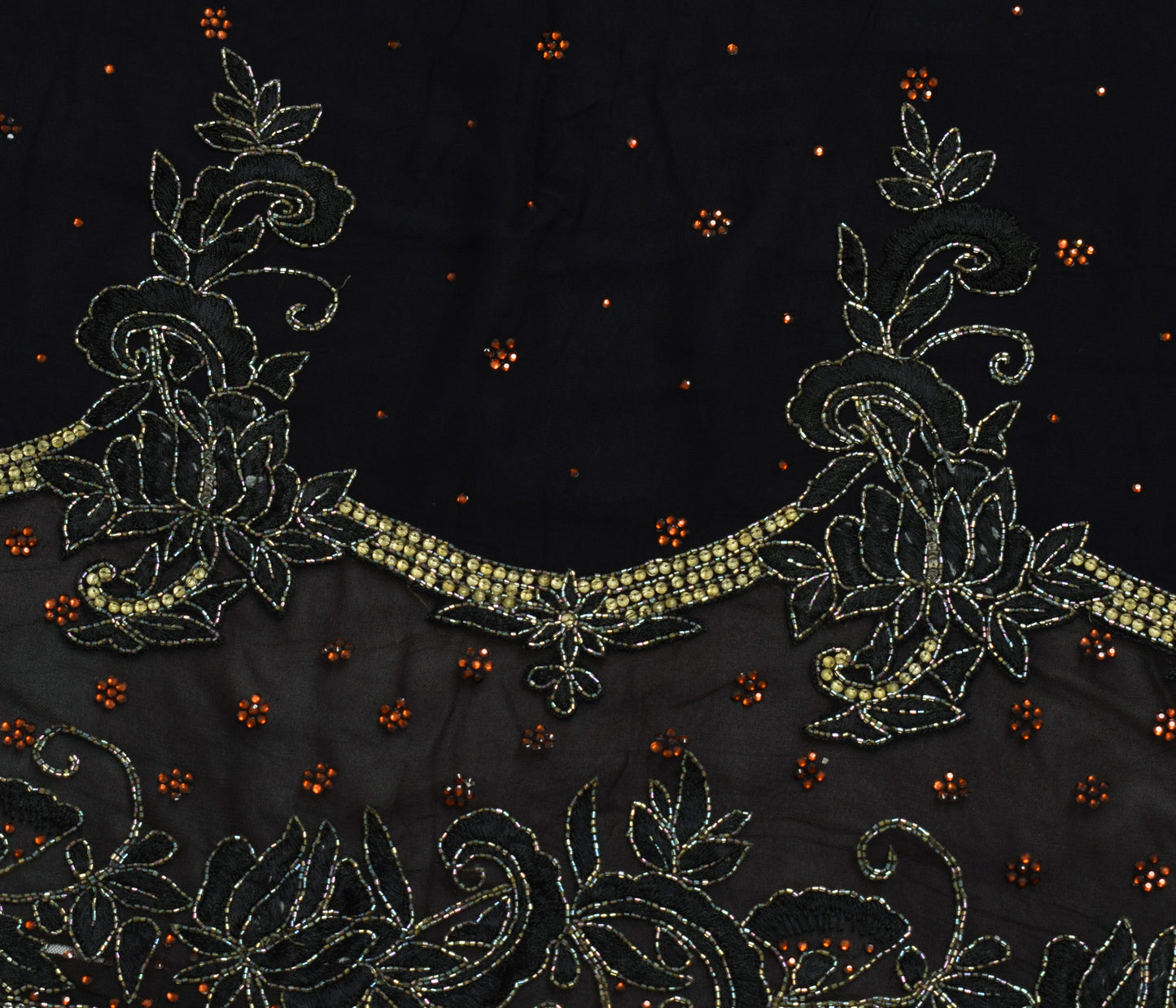 Sushila Vintage Black Saree 100% Pure Geogrette Silk Hand Beaded 5YD Sari Fabric