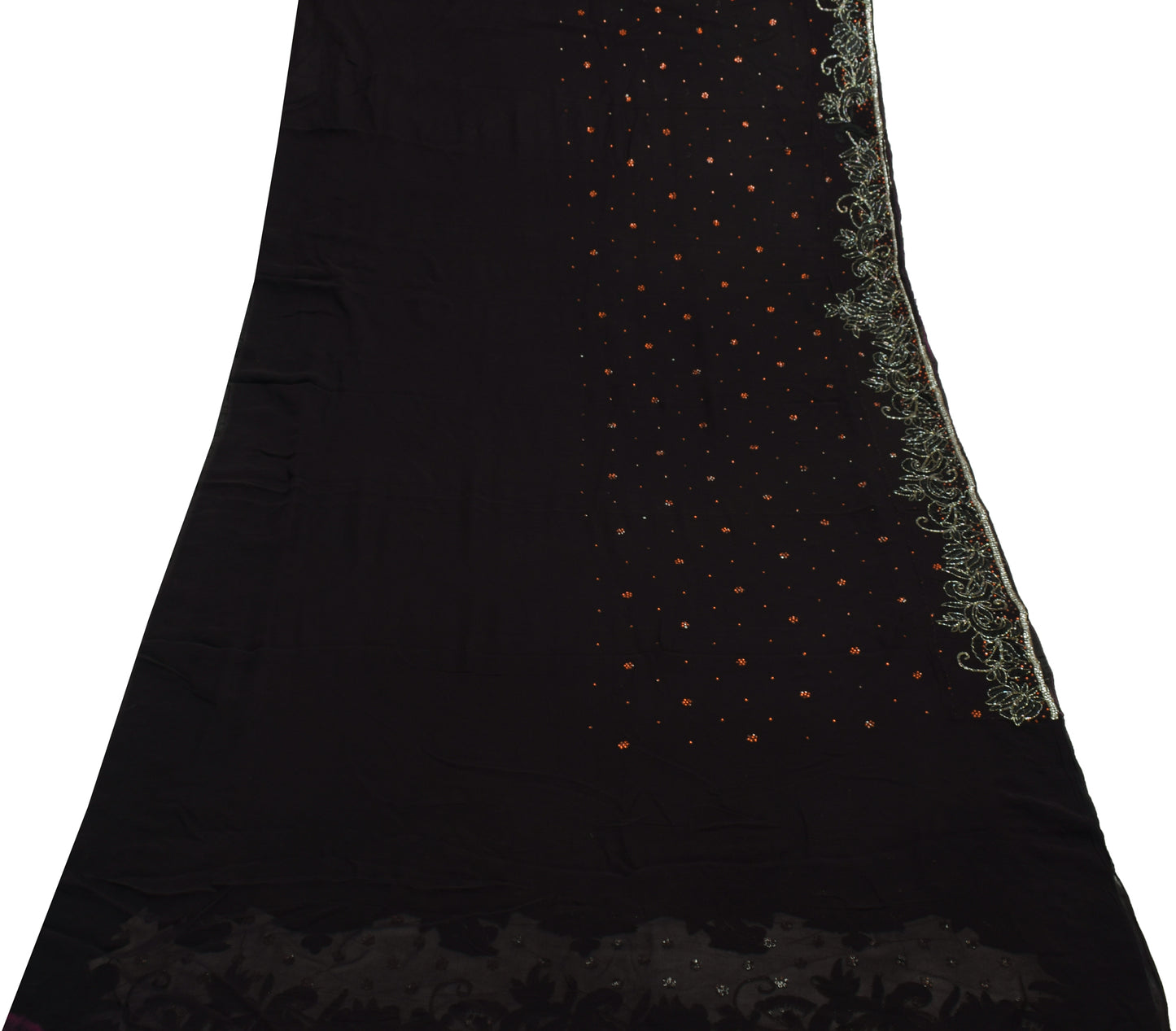 Sushila Vintage Black Saree 100% Pure Geogrette Silk Hand Beaded 5YD Sari Fabric