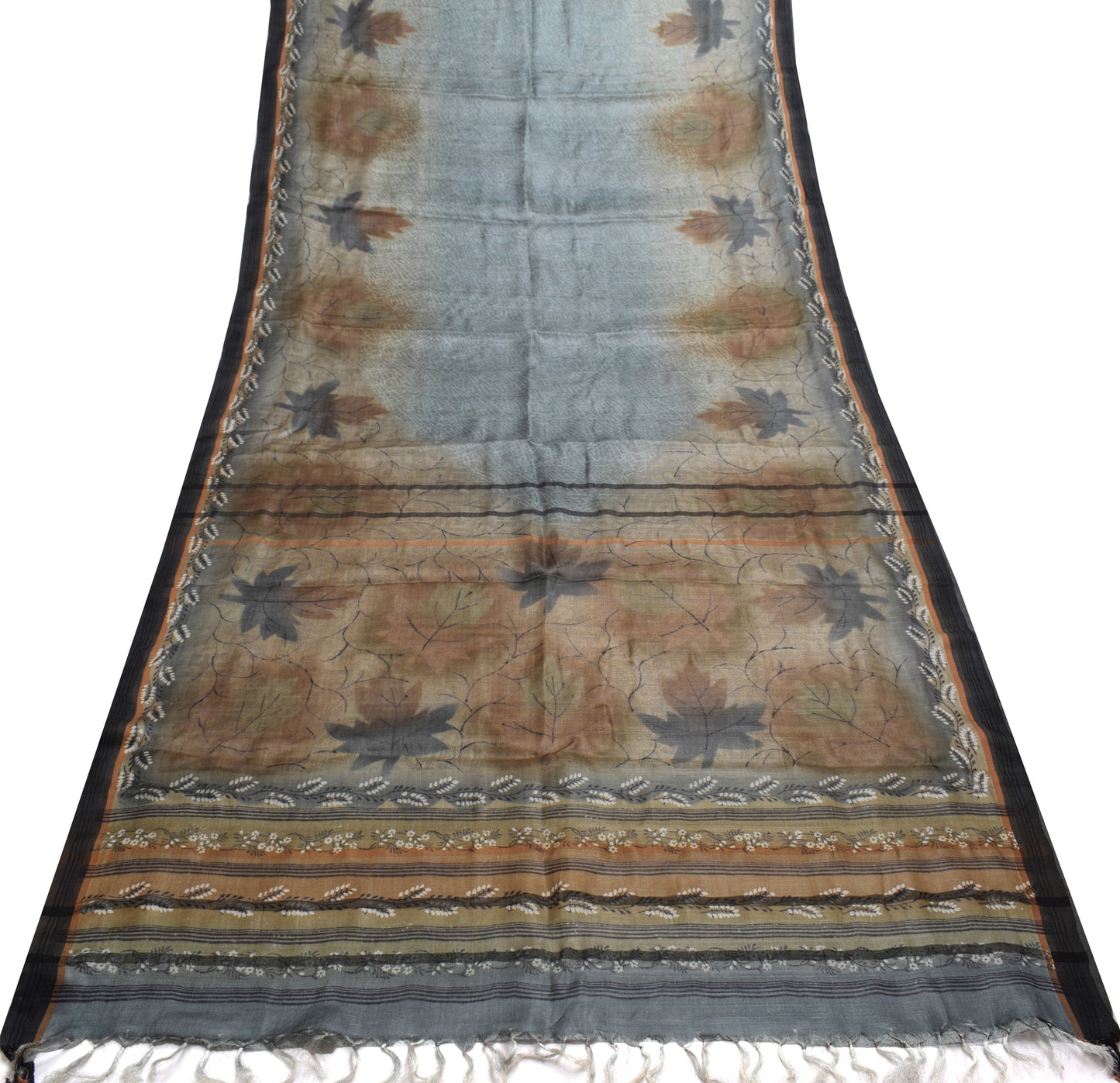 Sushila Vintage Gray Saree 100% Pure Silk Woven Floral 5 YD Sari Craft Fabric