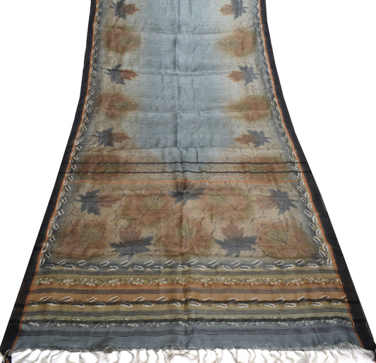 Sushila Vintage Gray Saree 100% Pure Silk Woven Floral 5 YD Sari Craft Fabric
