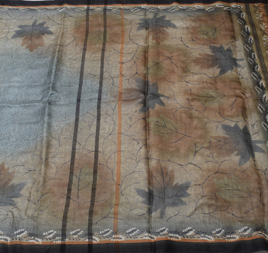 Sushila Vintage Gray Saree 100% Pure Silk Woven Floral 5 YD Sari Craft Fabric