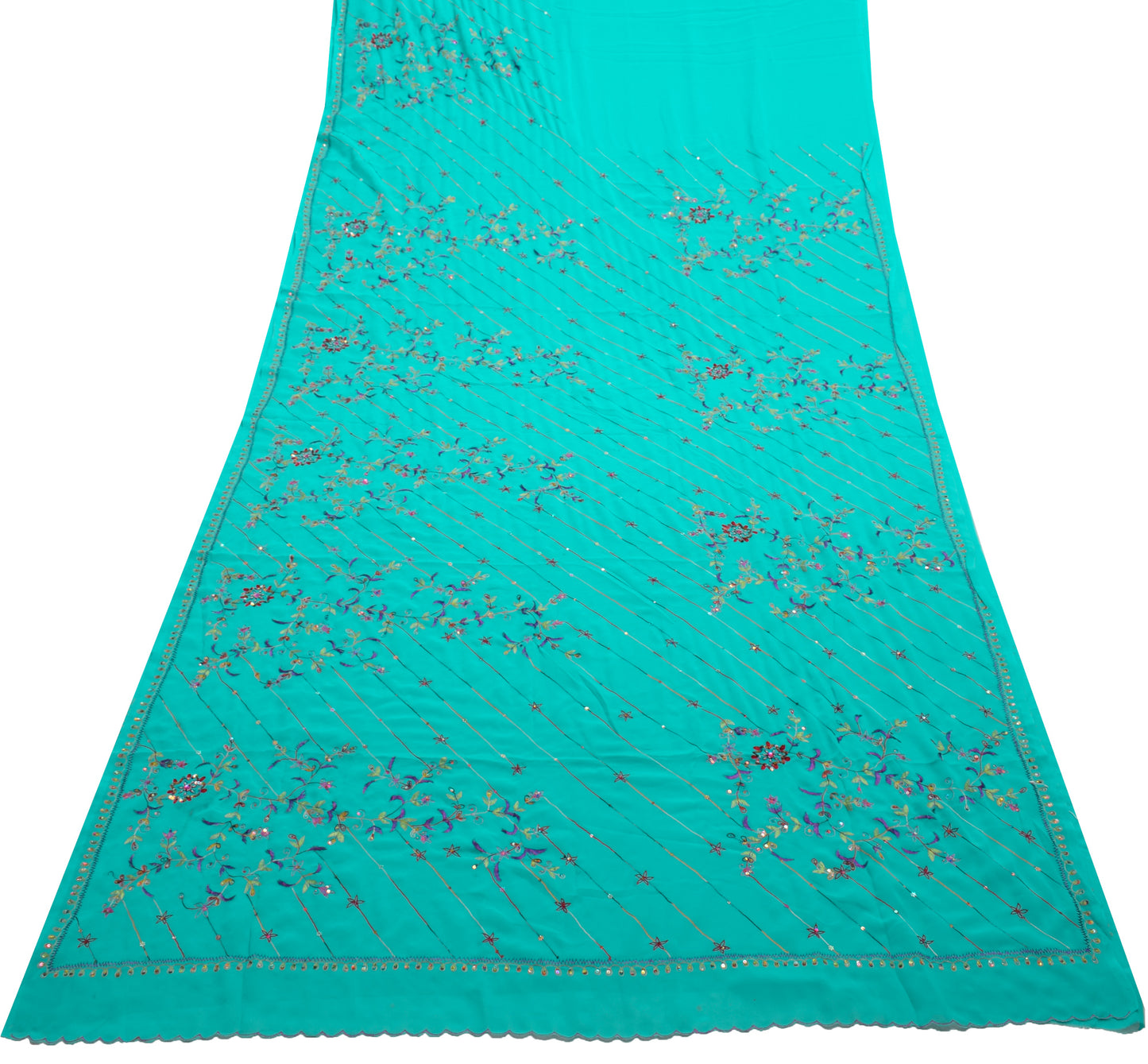 Sushila Vintage Aqua Blue Saree Georgette Silk Embroidered Floral Sari Fabric