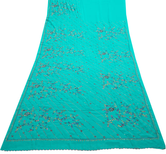 Sushila Vintage Aqua Blue Saree Georgette Silk Embroidered Floral Sari Fabric