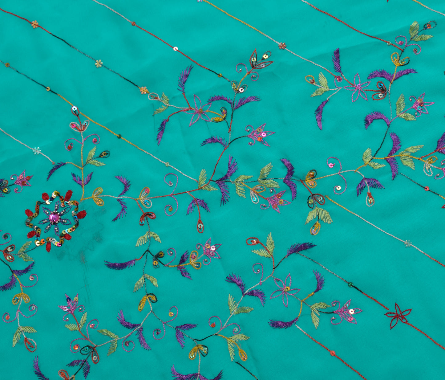 Sushila Vintage Aqua Blue Saree Georgette Silk Embroidered Floral Sari Fabric