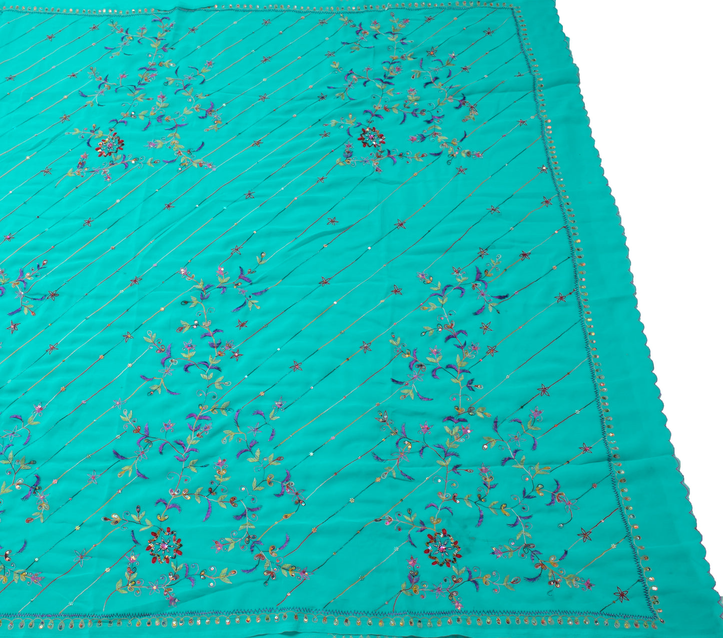 Sushila Vintage Aqua Blue Saree Georgette Silk Embroidered Floral Sari Fabric