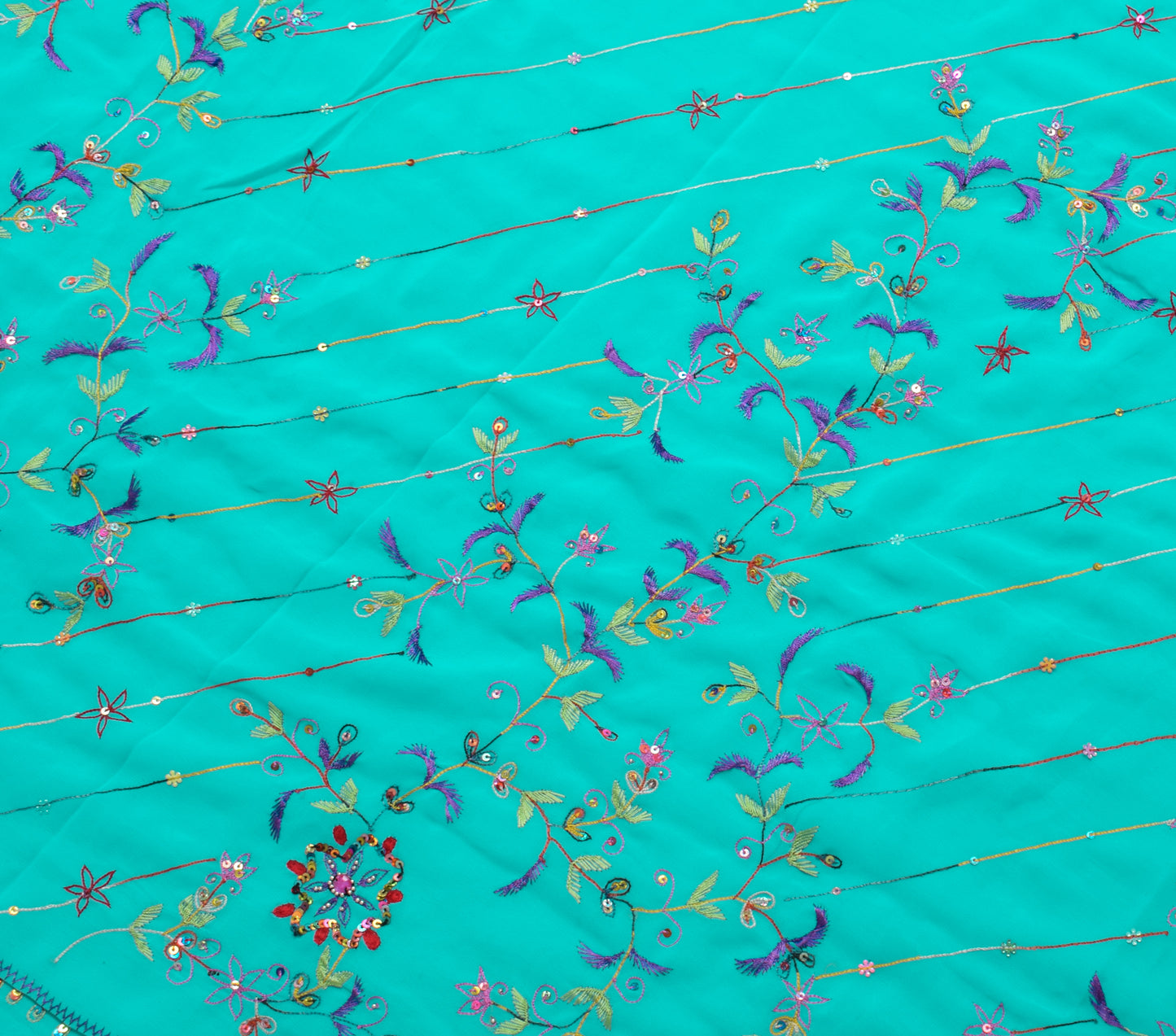 Sushila Vintage Aqua Blue Saree Georgette Silk Embroidered Floral Sari Fabric